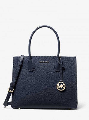 Michaelkors Mercer Large Pebbled Leather Accordion Bleumarin | SN-MK27382