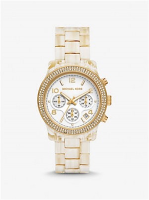 Michaelkors Runway Pavé Gold-Tone and Acetate Watch Alabaster | SN-MK28372