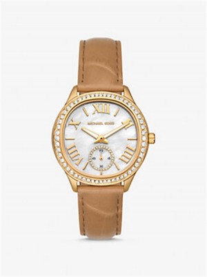 Michaelkors Sage Pavé Gold-Tone and Crocodile Embossed Leather Watch Peanut | SN-MK28411