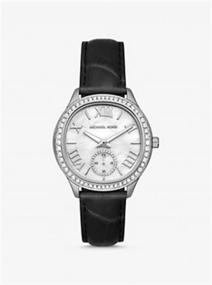 Michaelkors Sage Pavé Silver-Tone and Crocodile Embossed Leather Watch Negrii | SN-MK28371