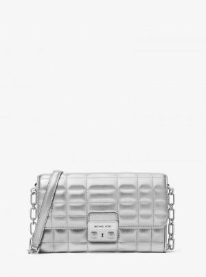 Michaelkors Tribeca Large Metallic Leather Convertible Argintii | SN-MK27136