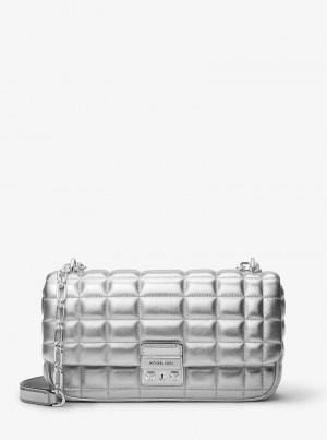 Michaelkors Tribeca Large Metallic Quilted Leather Argintii | SN-MK26999